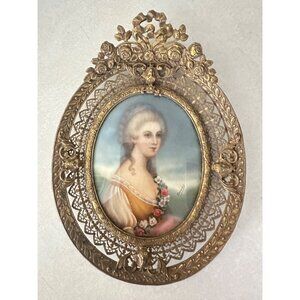 Antique hand painted woman's portrait in gold gilt filigree oval frame